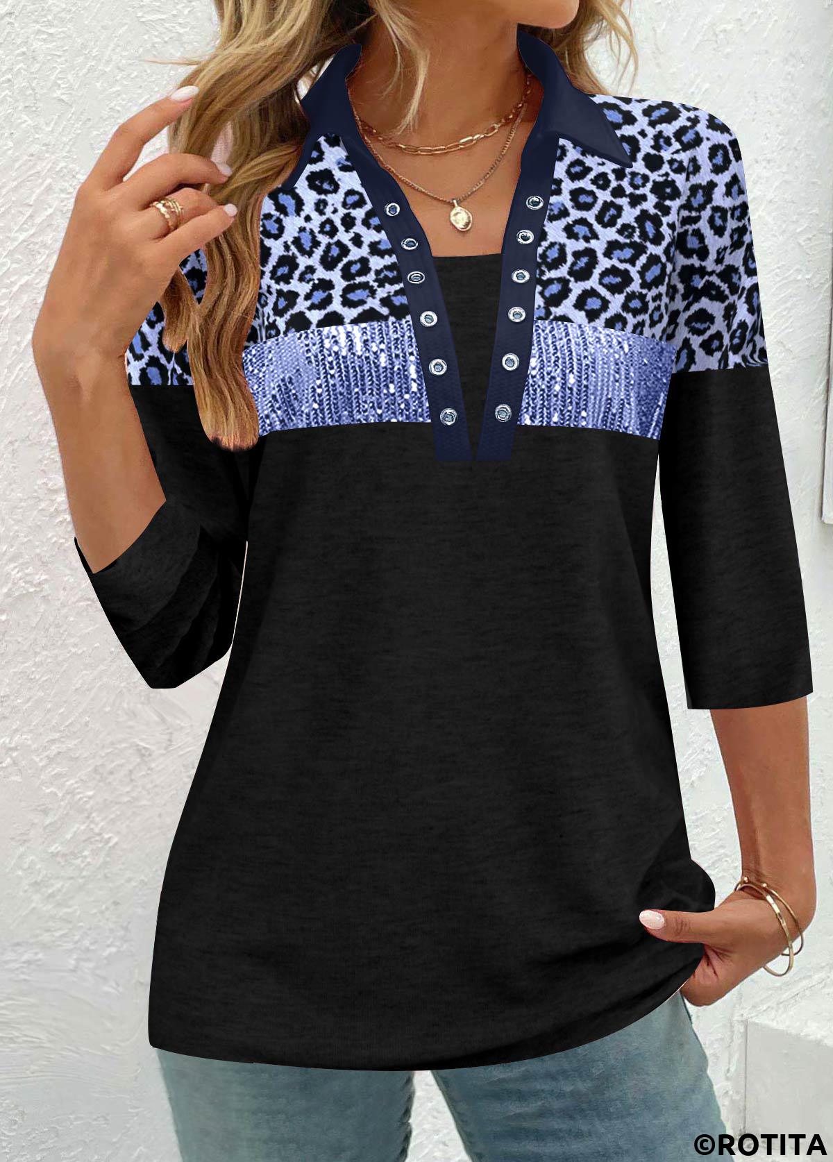 Blue tops,Black tops,Leopard tops,Animal Print tops,ROTITA Patchwork Leopard Blue Split Neck 3/4 Sleeve Blouse
