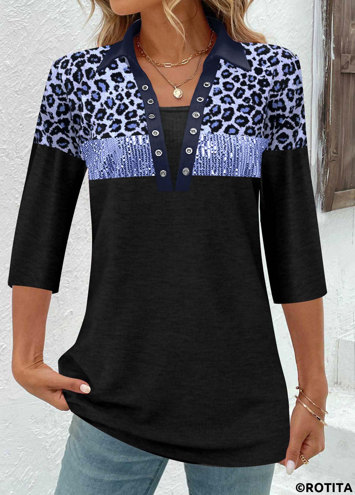 Blue tops,Black tops,Leopard tops,Animal Print tops,ROTITA Patchwork Leopard Blue Split Neck 3/4 Sleeve Blouse