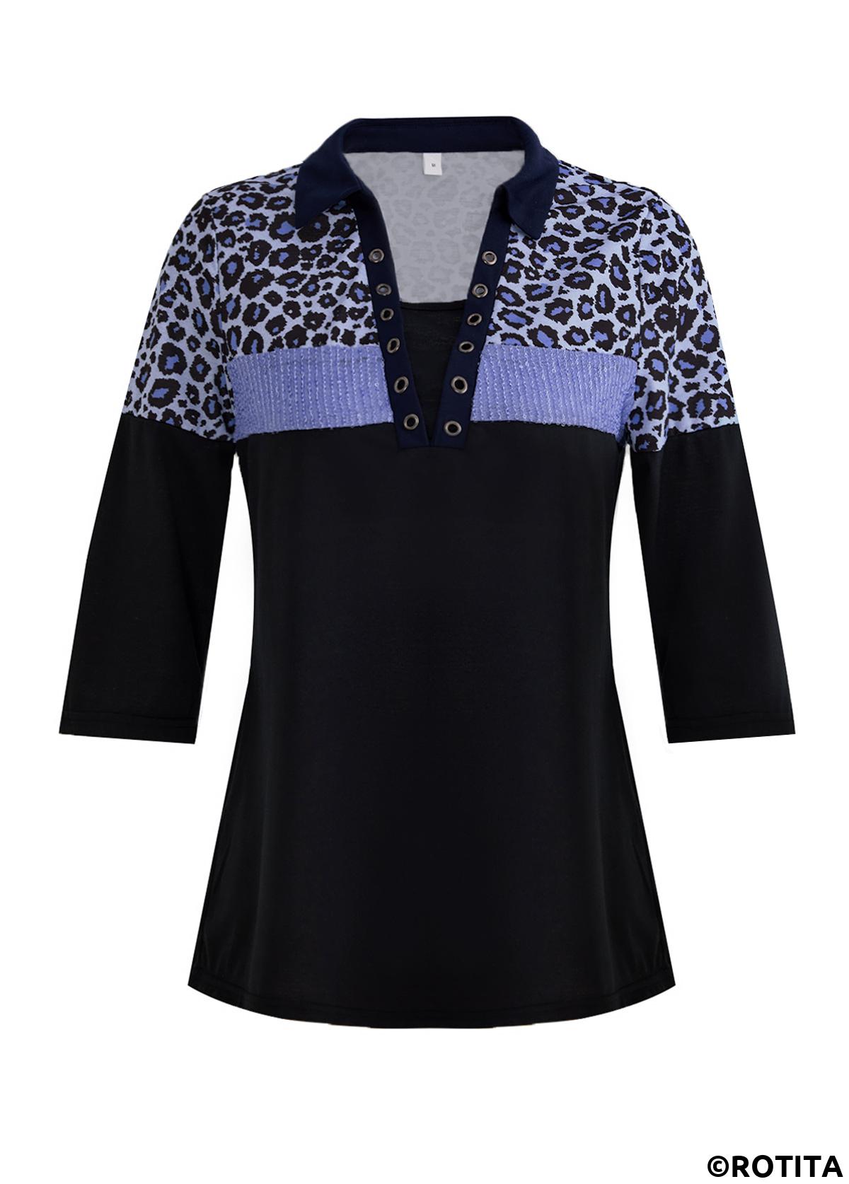 Blue tops,Black tops,Leopard tops,Animal Print tops,ROTITA Patchwork Leopard Blue Split Neck 3/4 Sleeve Blouse