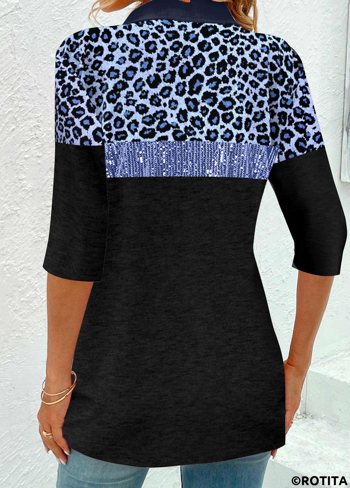 Blue tops,Black tops,Leopard tops,Animal Print tops,ROTITA Patchwork Leopard Blue Split Neck 3/4 Sleeve Blouse