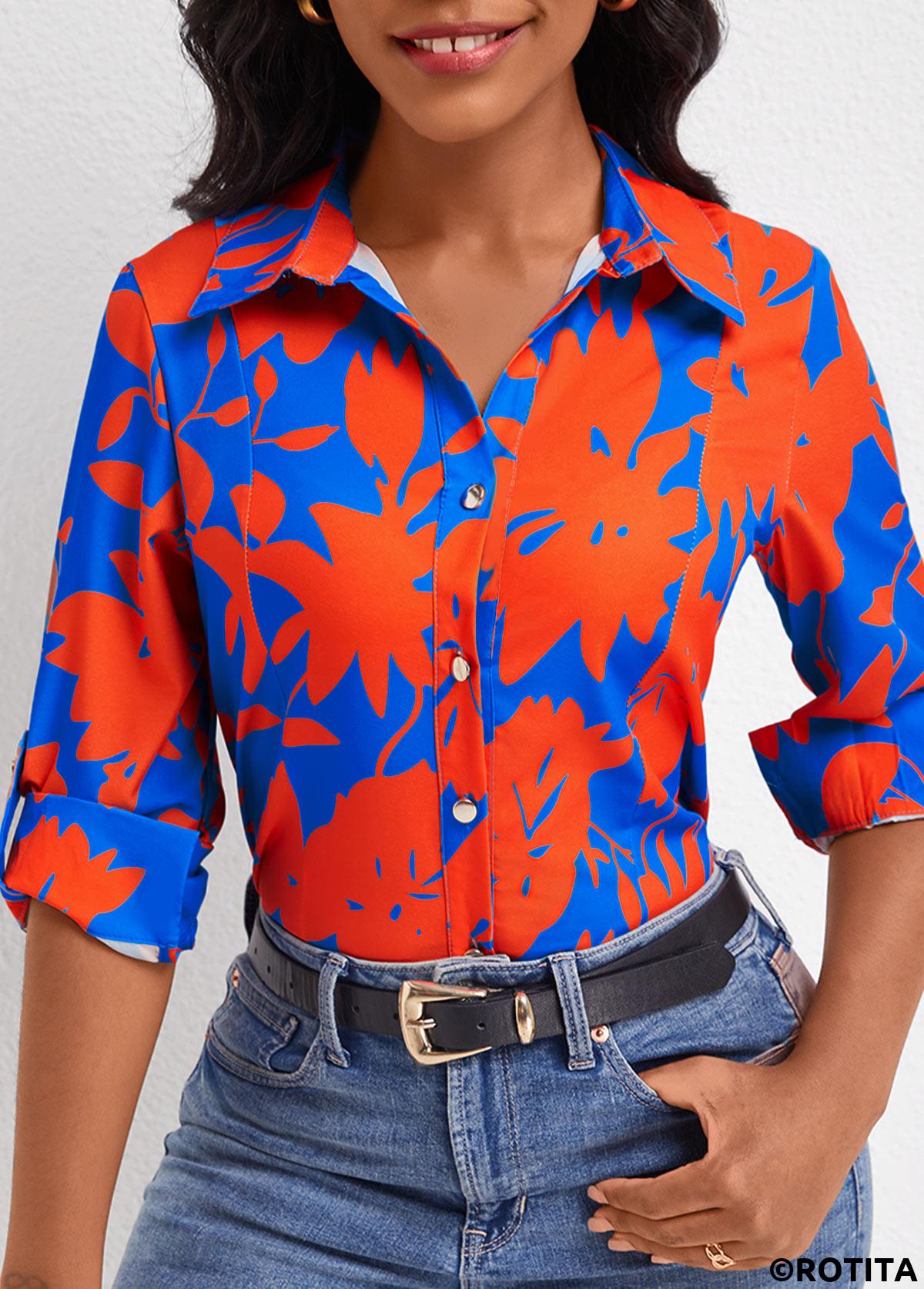Sky Blue tops,Red tops,Plants tops,Button Leaf Print Sky Blue Shirt Collar Blouse