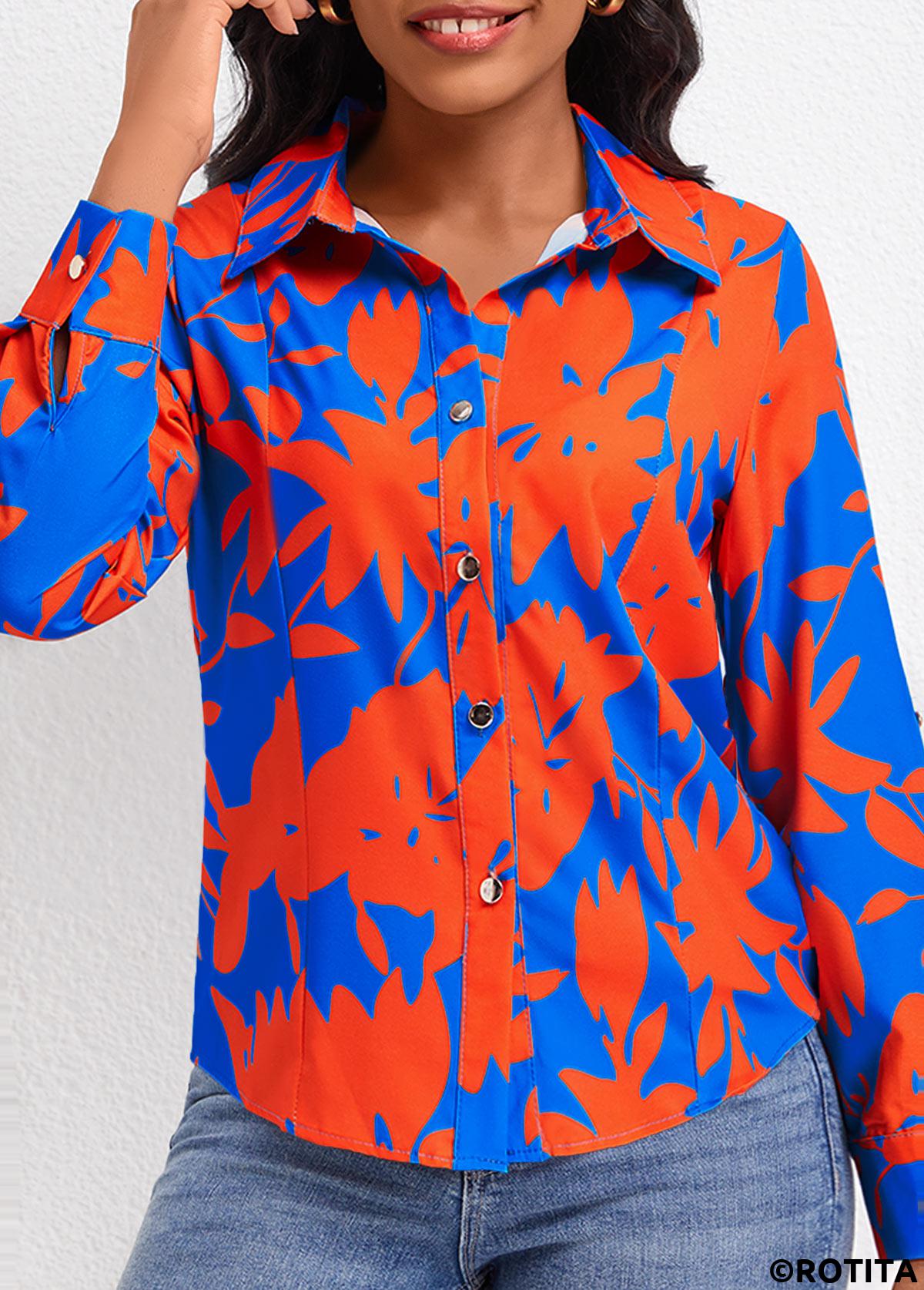 Sky Blue tops,Red tops,Plants tops,Button Leaf Print Sky Blue Shirt Collar Blouse