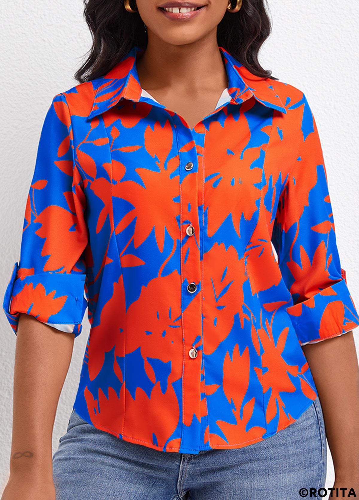 Sky Blue tops,Red tops,Plants tops,Button Leaf Print Sky Blue Shirt Collar Blouse