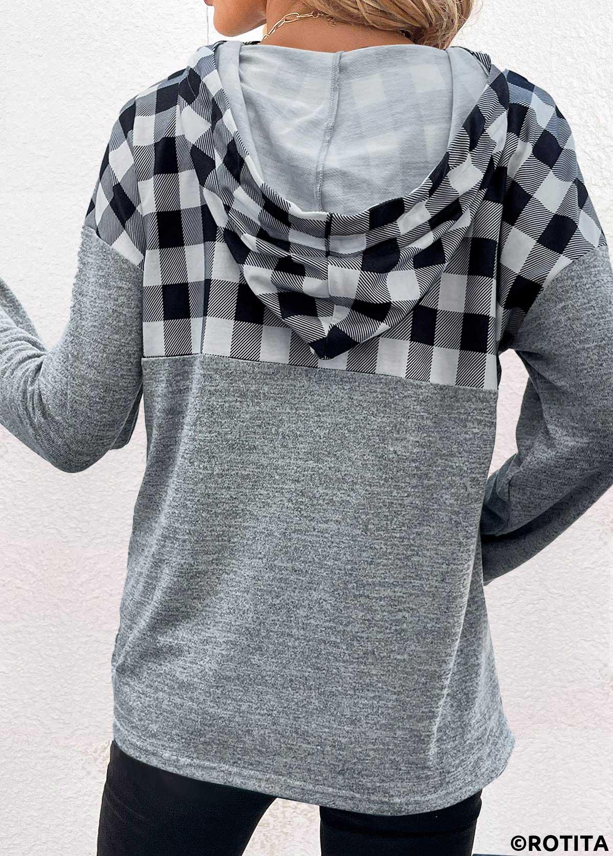 Light Grey tops,Plaid tops,Striped tops,Geometric tops,ROTITA Pocket Plaid Light Grey Long Sleeve Hoodie