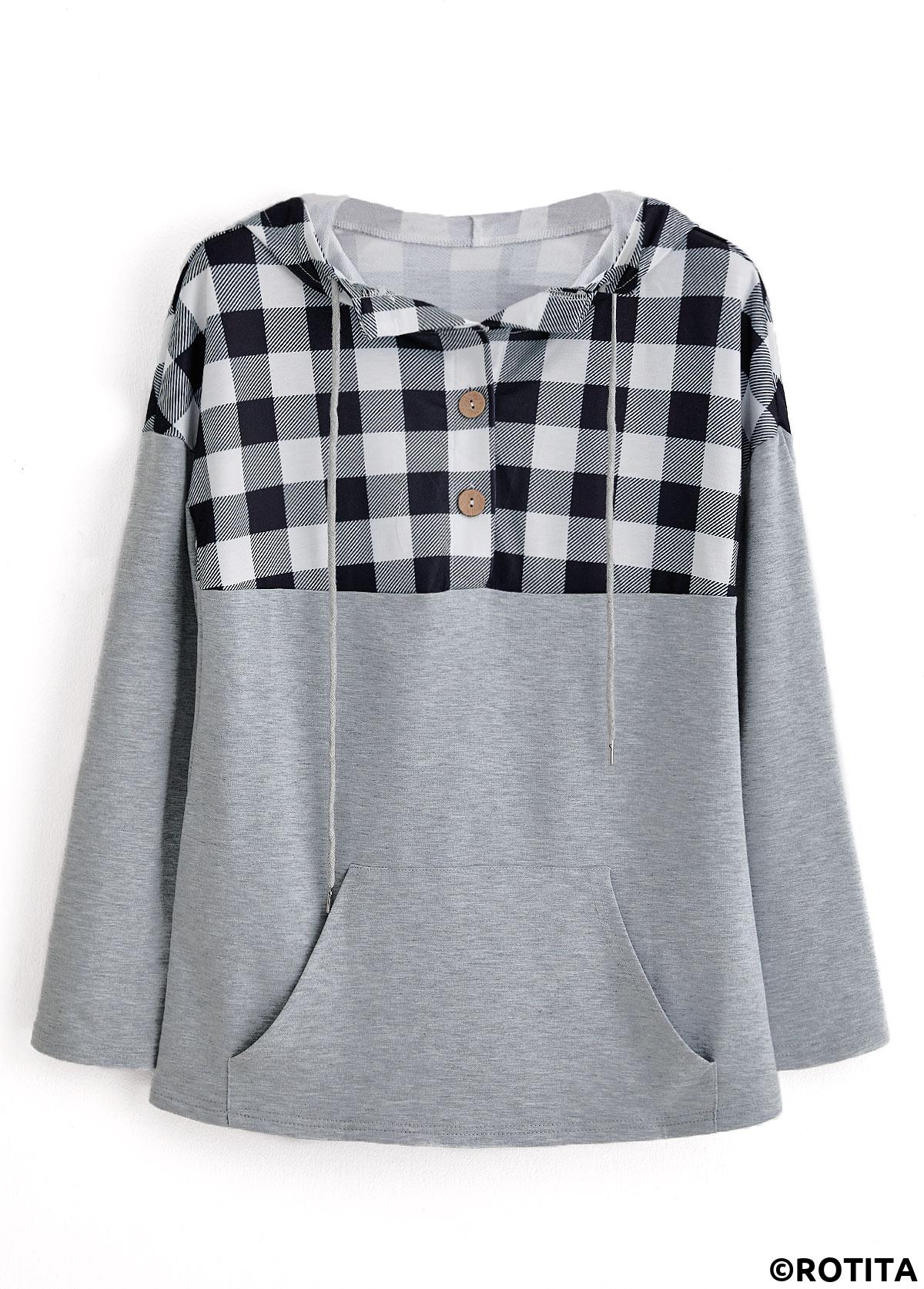 Light Grey tops,Plaid tops,Striped tops,Geometric tops,ROTITA Pocket Plaid Light Grey Long Sleeve Hoodie