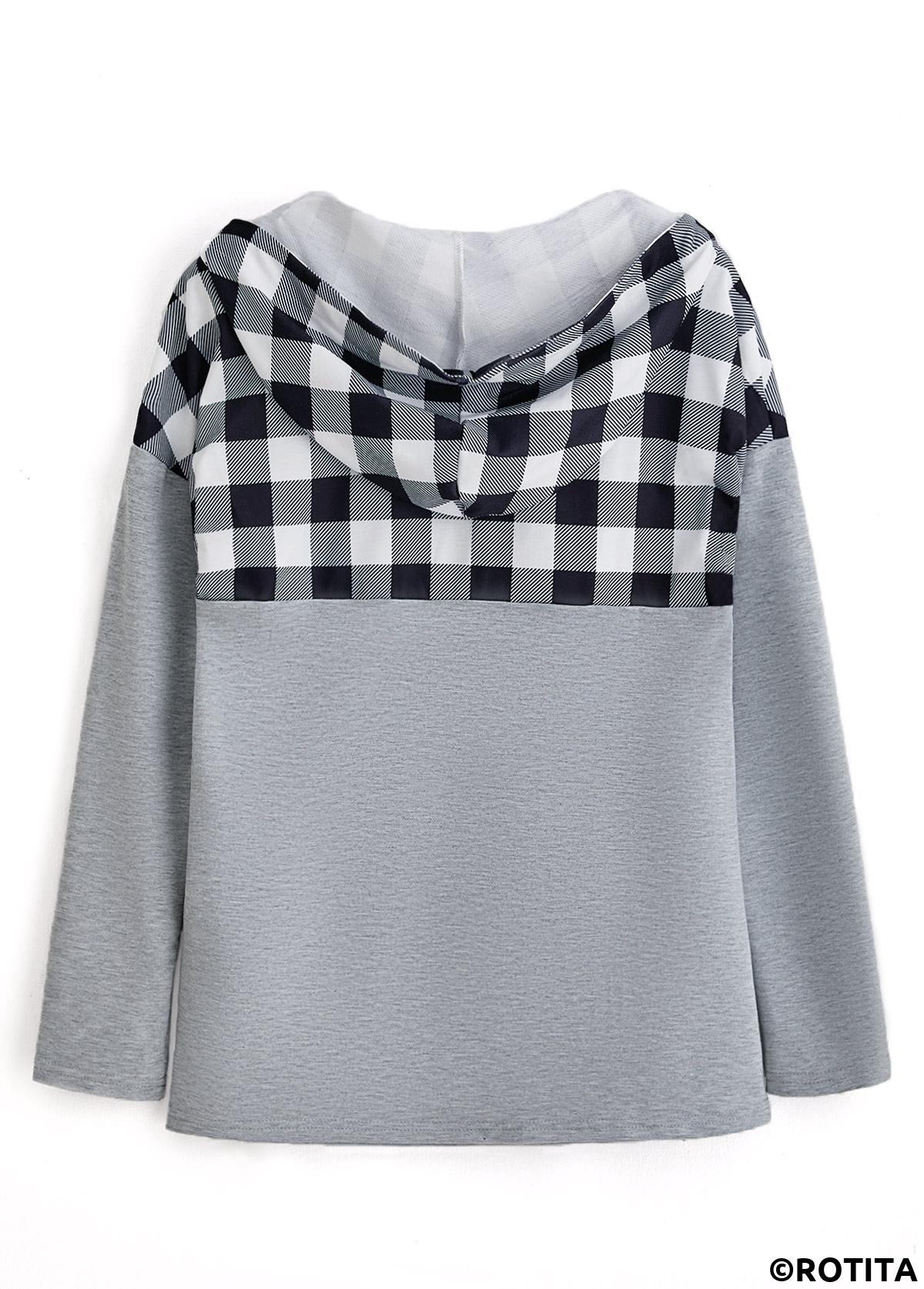 Light Grey tops,Plaid tops,Striped tops,Geometric tops,ROTITA Pocket Plaid Light Grey Long Sleeve Hoodie