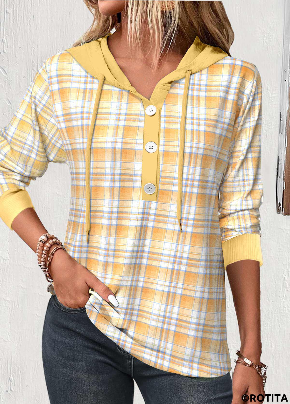 Yellow tops,Plaid tops,Striped tops,Geometric tops,ROTITA Patchwork Plaid Yellow Long Sleeve Hoodie