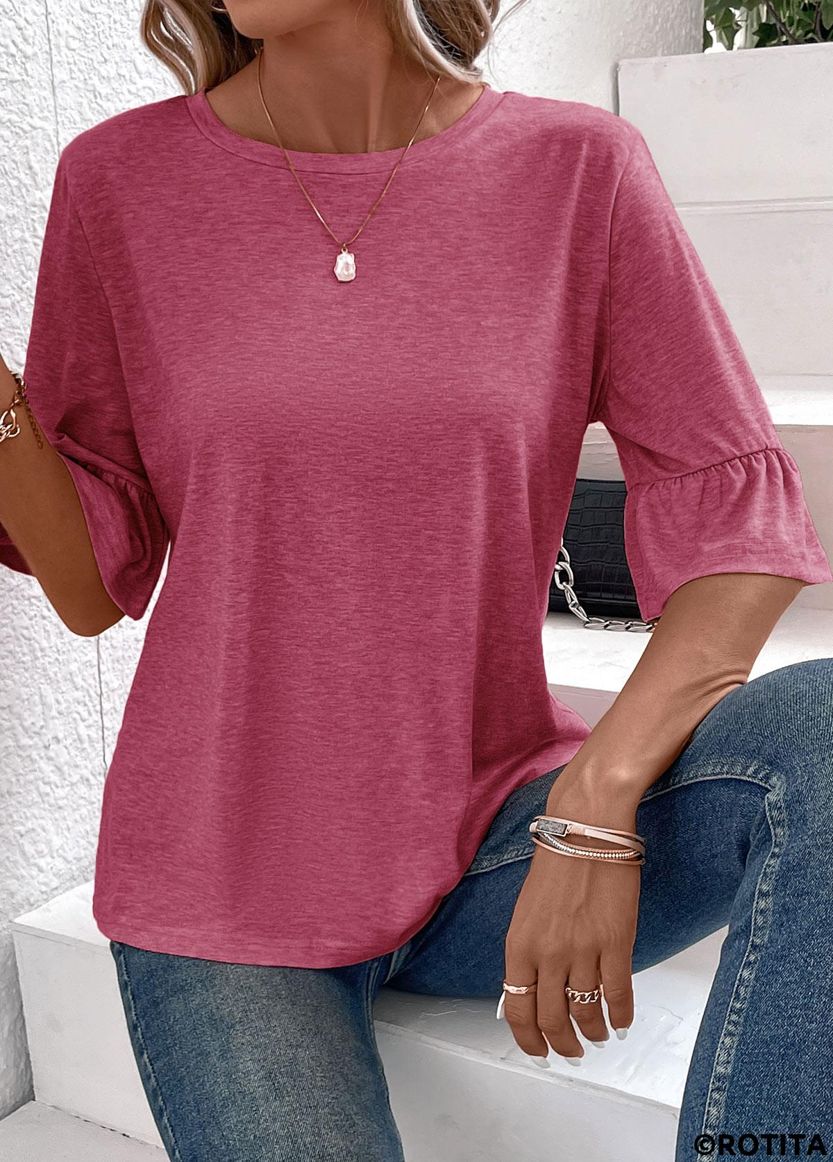 ROTITA Button Coral Round Neck Half Sleeve T Shirt