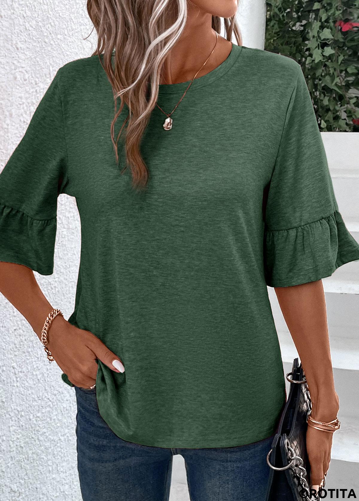Button Green Round Neck Half Sleeve T Shirt