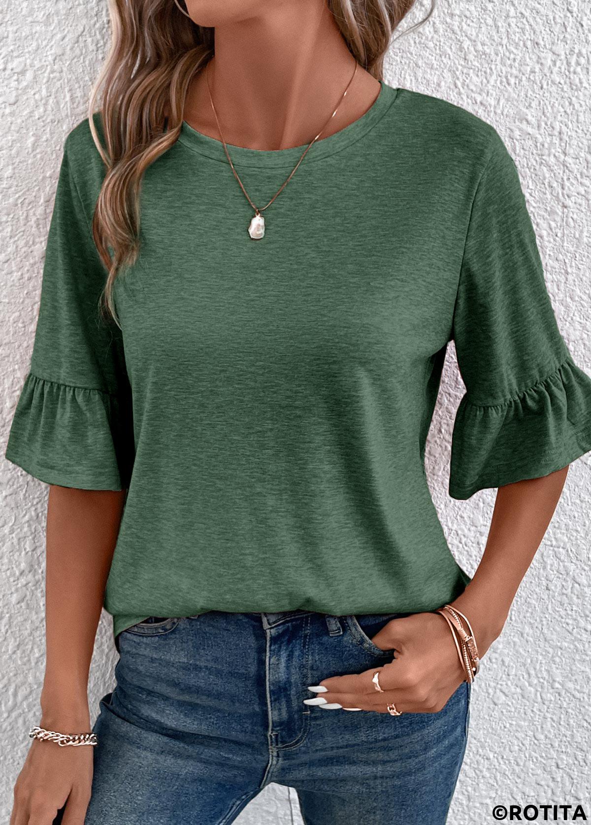 Button Green Round Neck Half Sleeve T Shirt