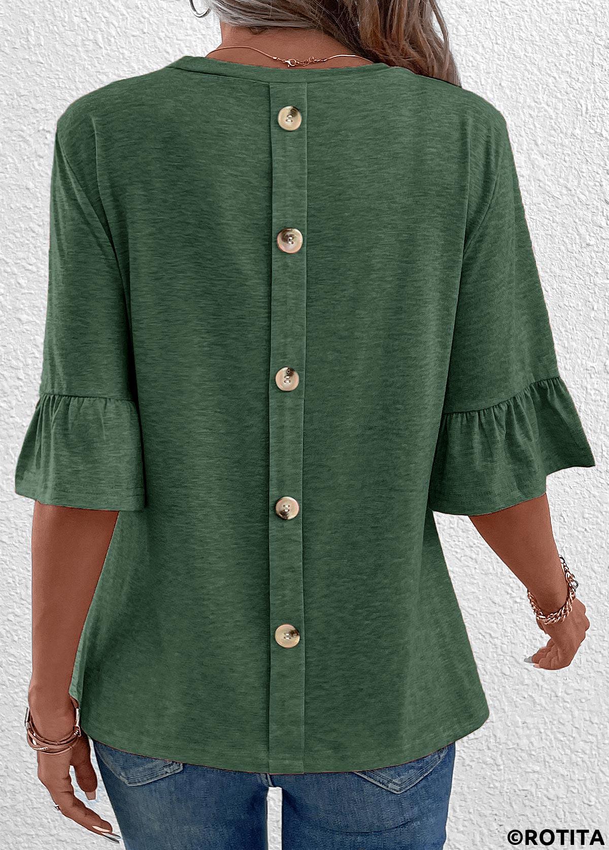 Button Green Round Neck Half Sleeve T Shirt