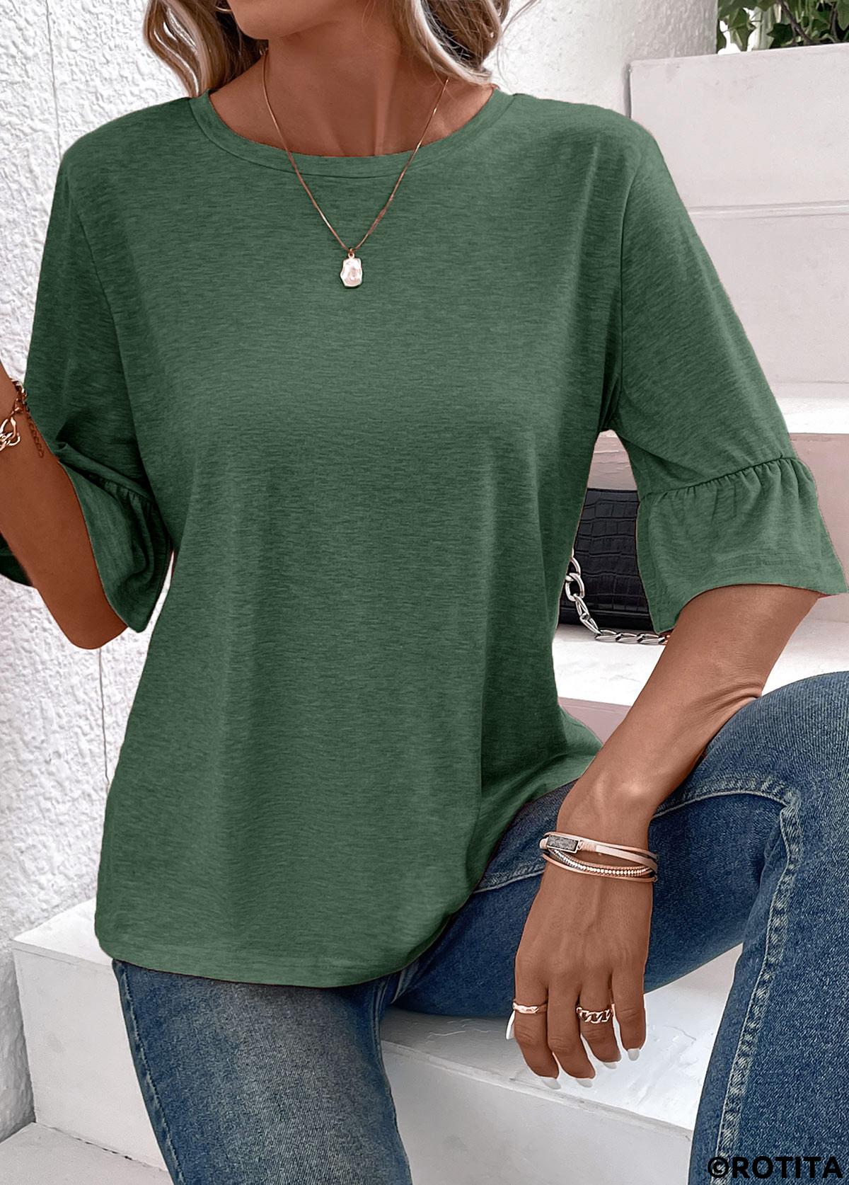 Button Green Round Neck Half Sleeve T Shirt