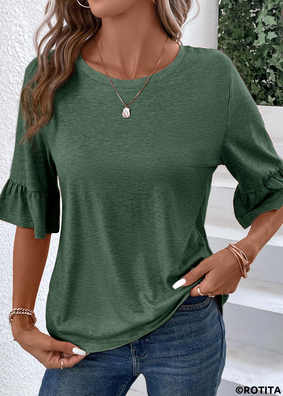 Button Green Round Neck Half Sleeve T Shirt