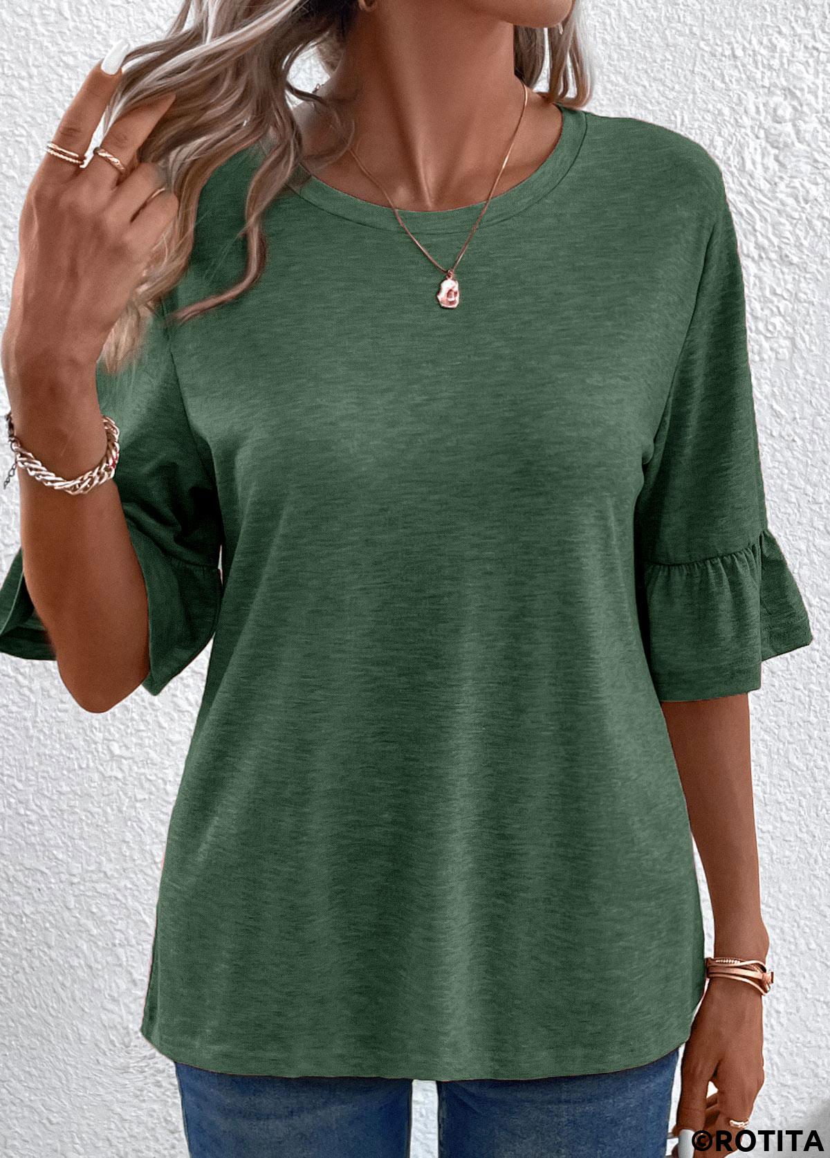 Button Green Round Neck Half Sleeve T Shirt
