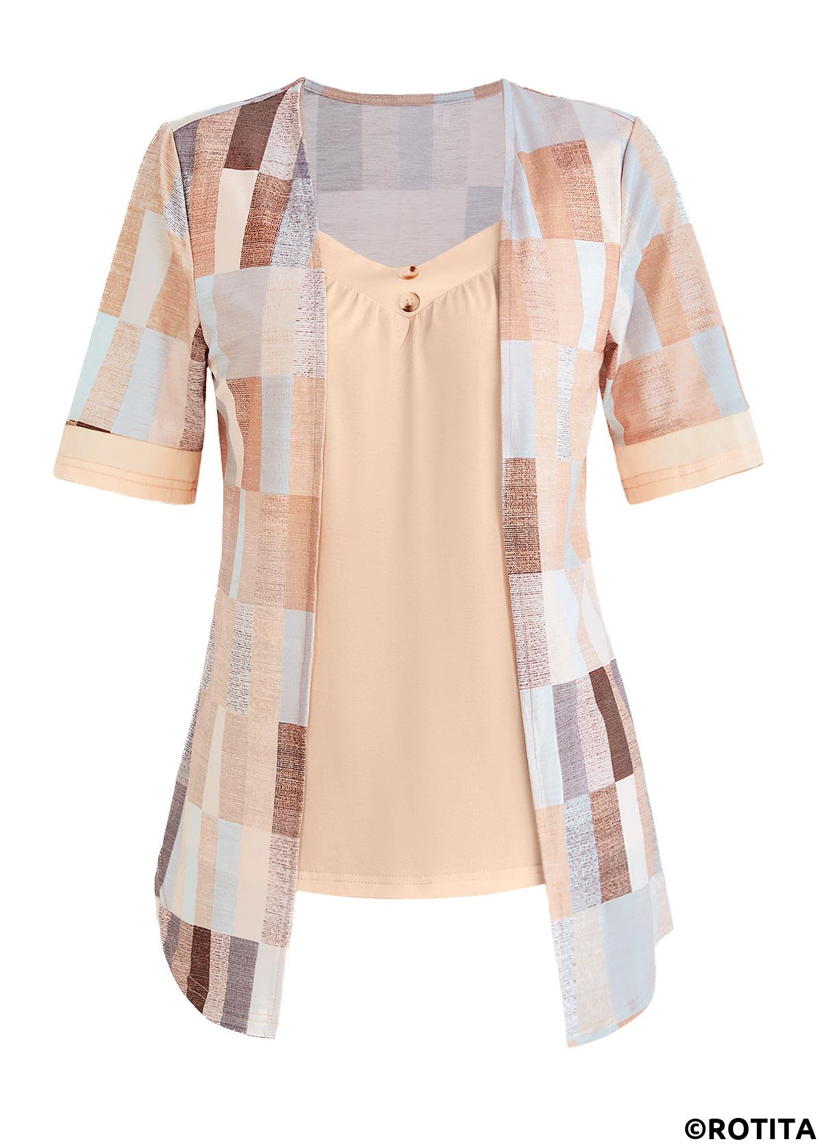 Beige tops,Geometric tops,ROTITA Plus Size Beige Geometric Print Fake Two Piece Twinset