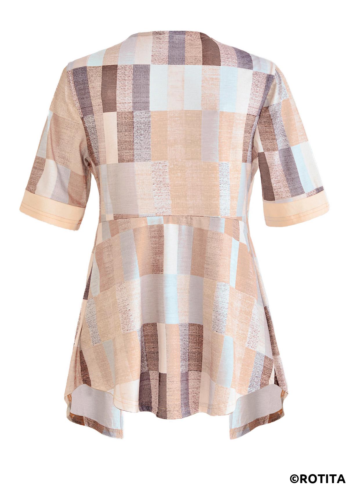 Beige tops,Geometric tops,ROTITA Plus Size Beige Geometric Print Fake Two Piece Twinset