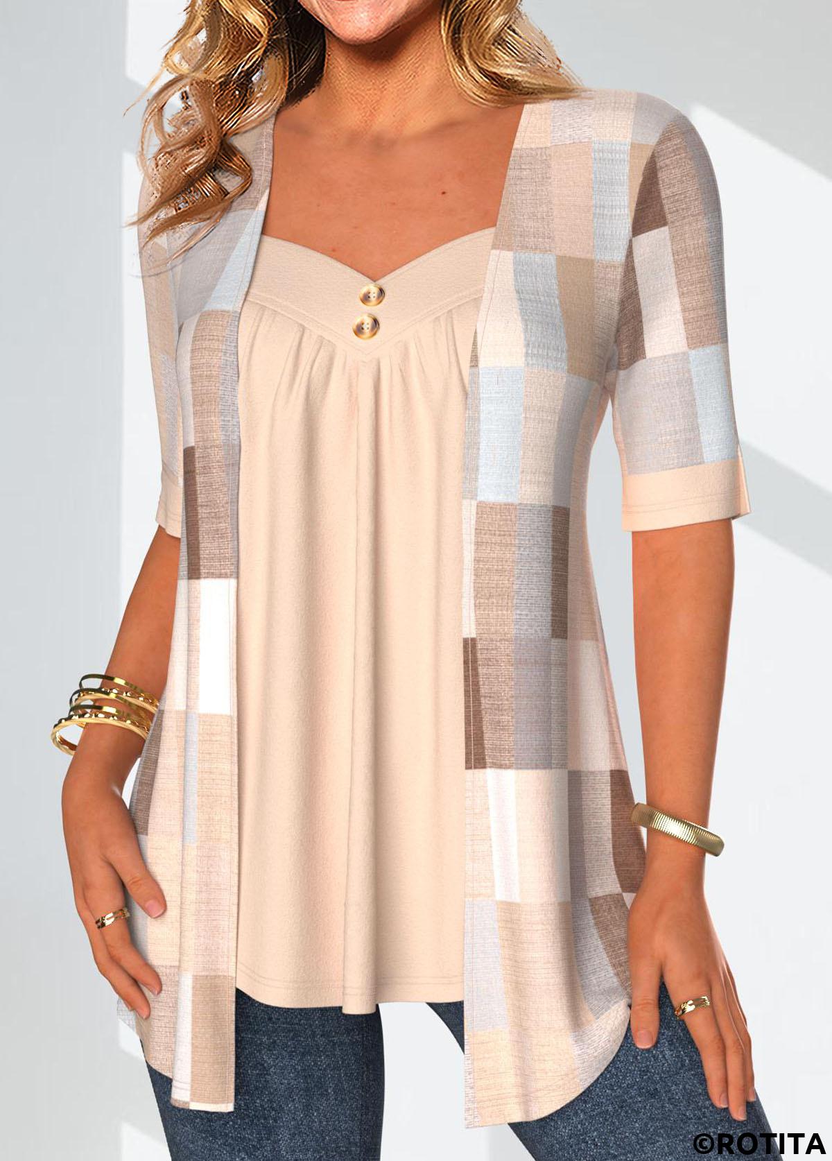 Beige tops,Geometric tops,ROTITA Plus Size Beige Geometric Print Fake Two Piece Twinset