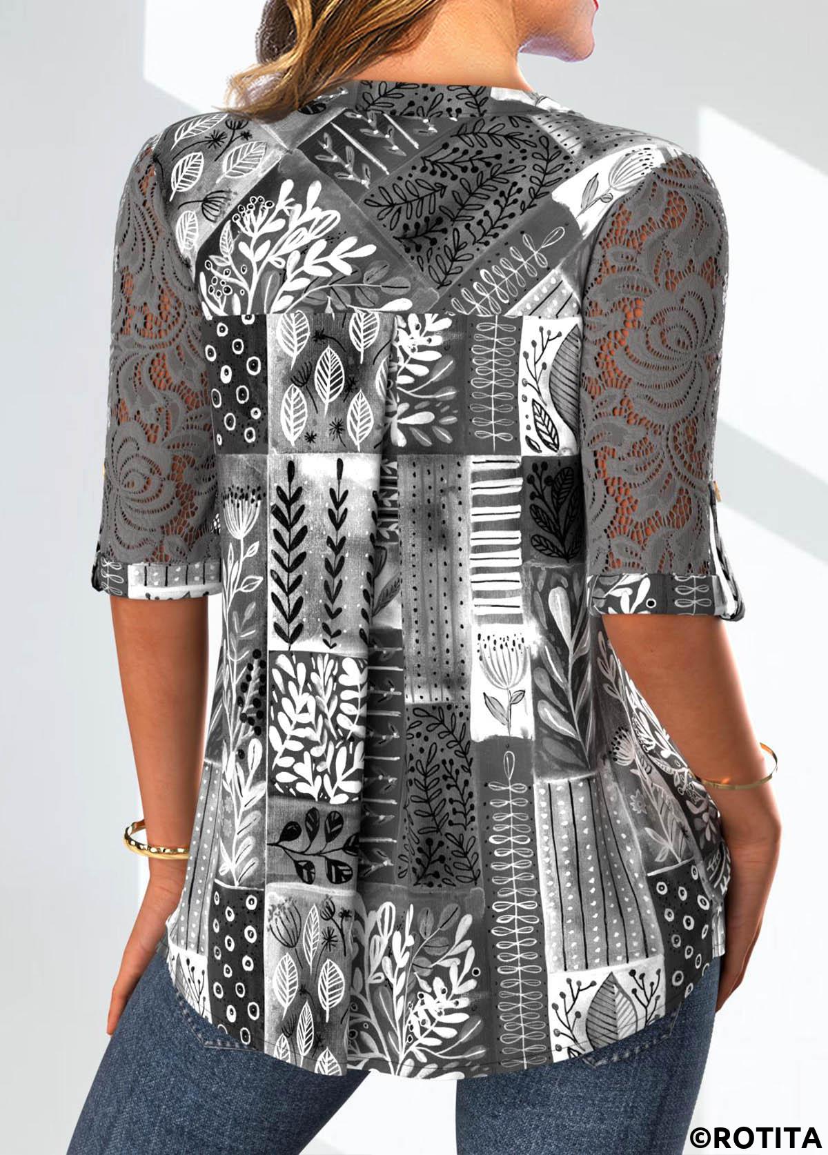 Dark Grey tops,Plants tops,Striped tops,Geometric tops,Dot tops,ROTITA Lace Leaf Print Dark Grey Split Neck Blouse