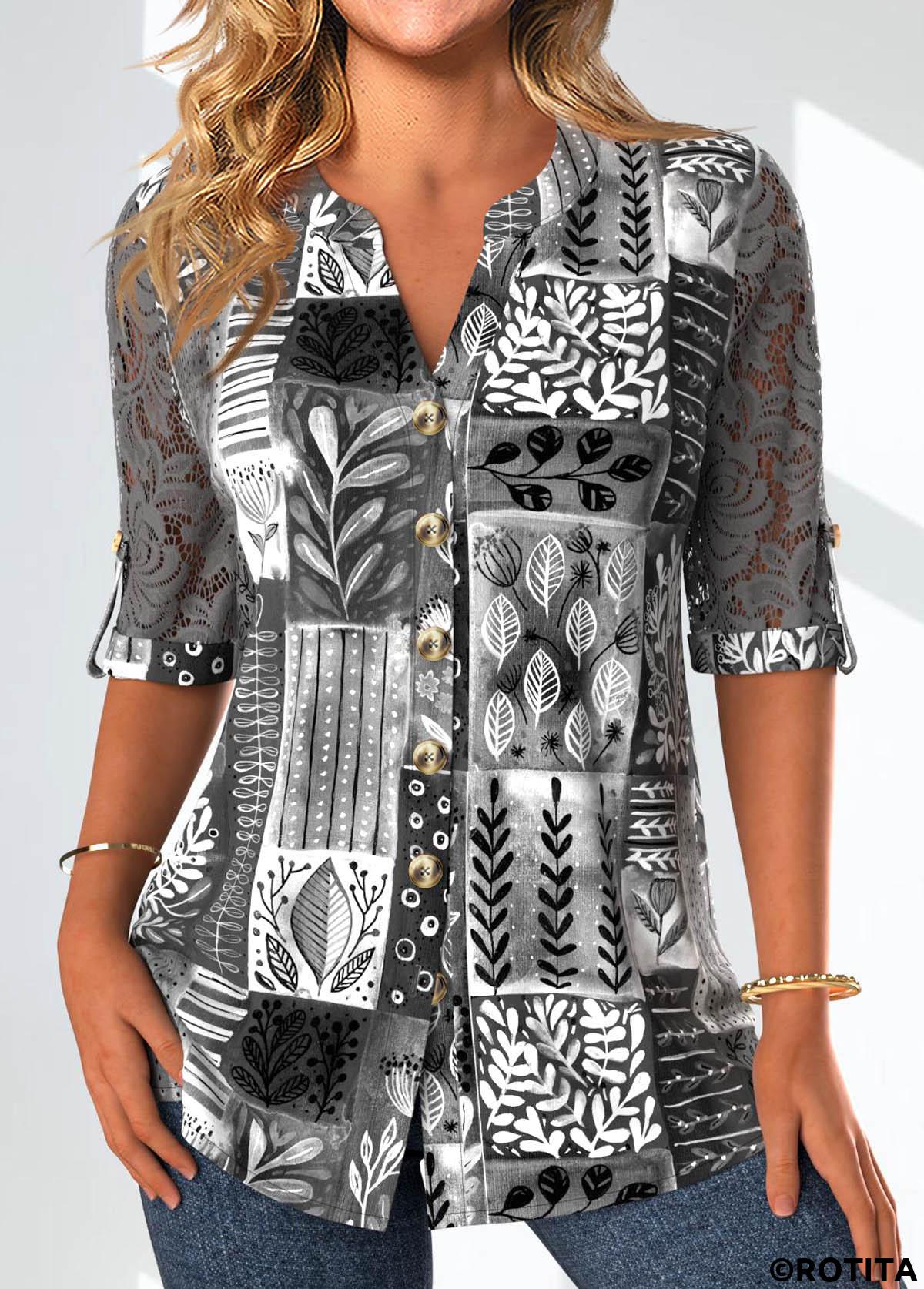 Dark Grey tops,Plants tops,Striped tops,Geometric tops,Dot tops,ROTITA Lace Leaf Print Dark Grey Split Neck Blouse