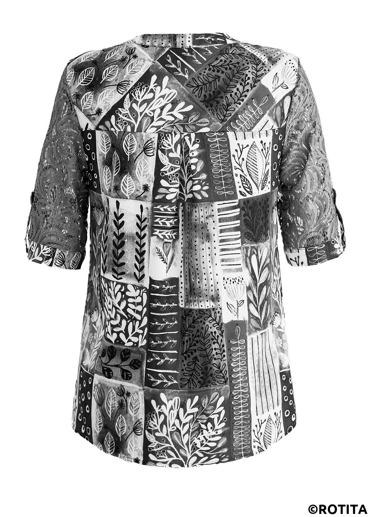 Dark Grey tops,Plants tops,Striped tops,Geometric tops,Dot tops,ROTITA Lace Leaf Print Dark Grey Split Neck Blouse
