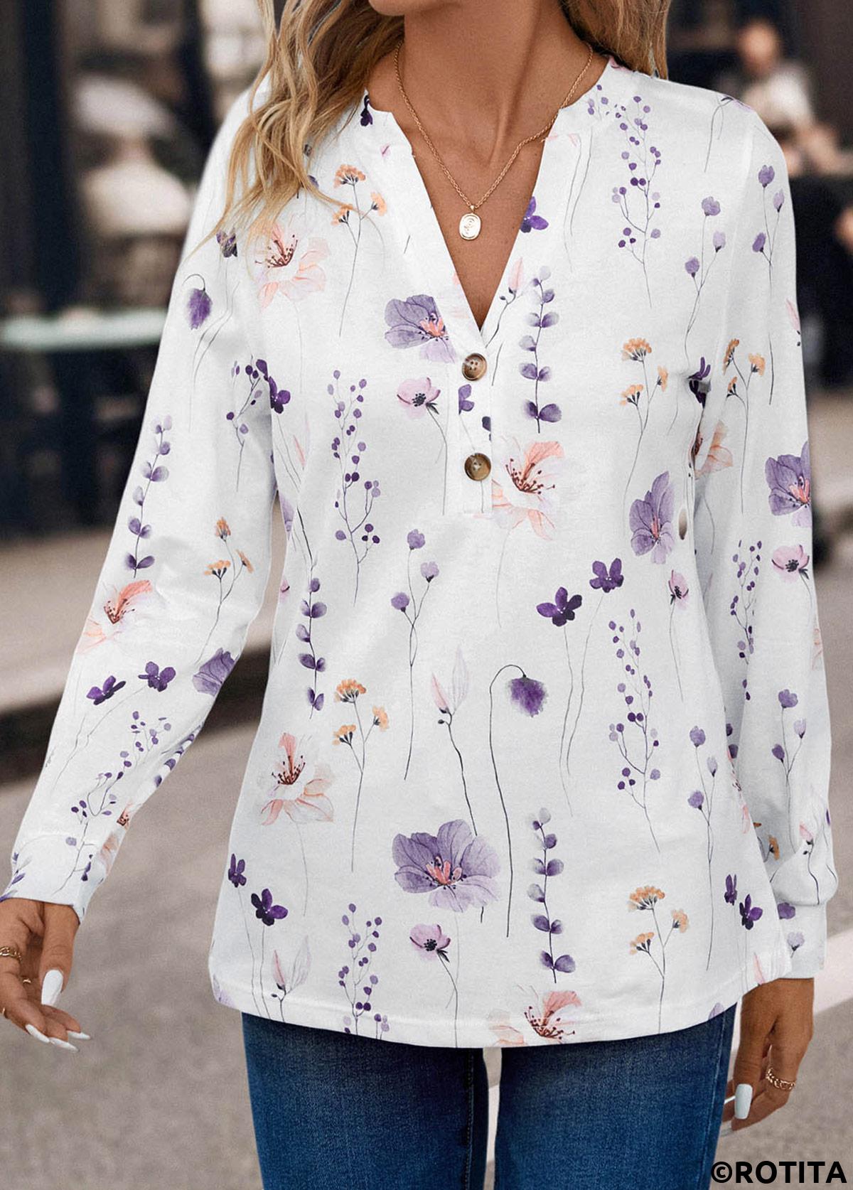 ROTITA Button Floral Print White Split Neck T Shirt