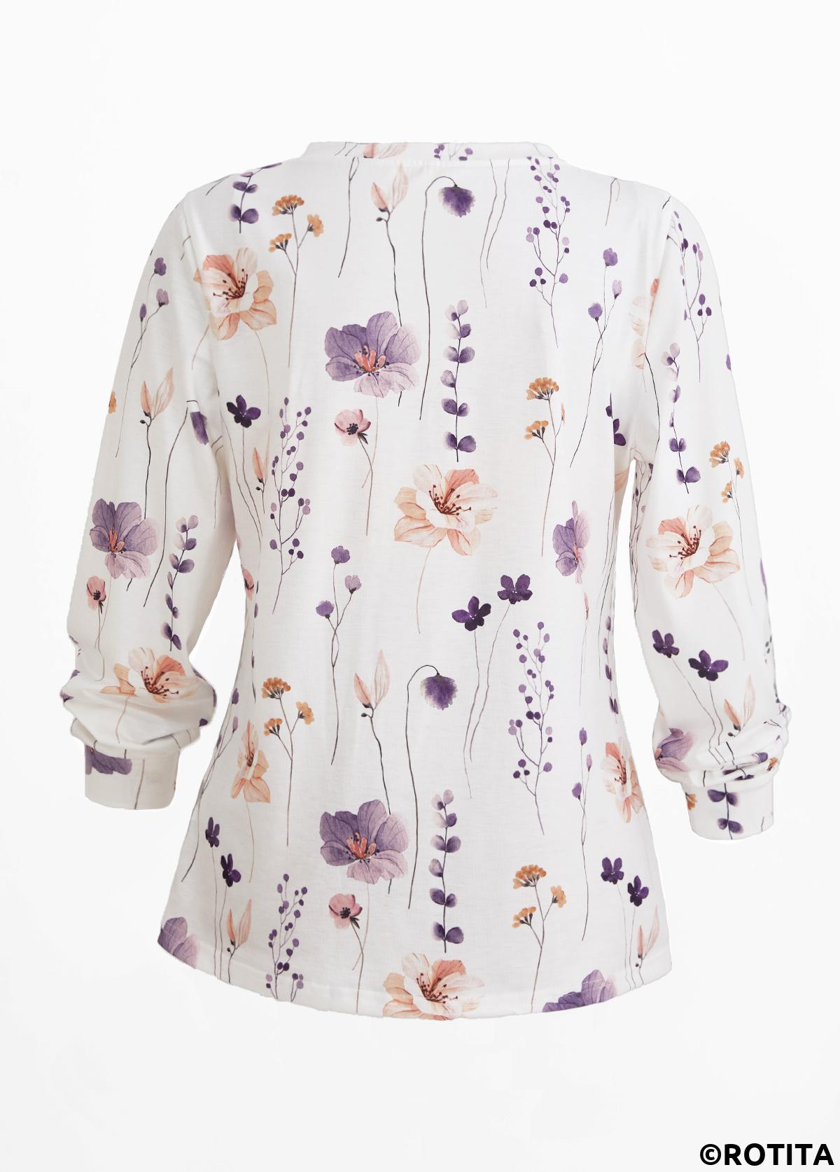 ROTITA Button Floral Print White Split Neck T Shirt
