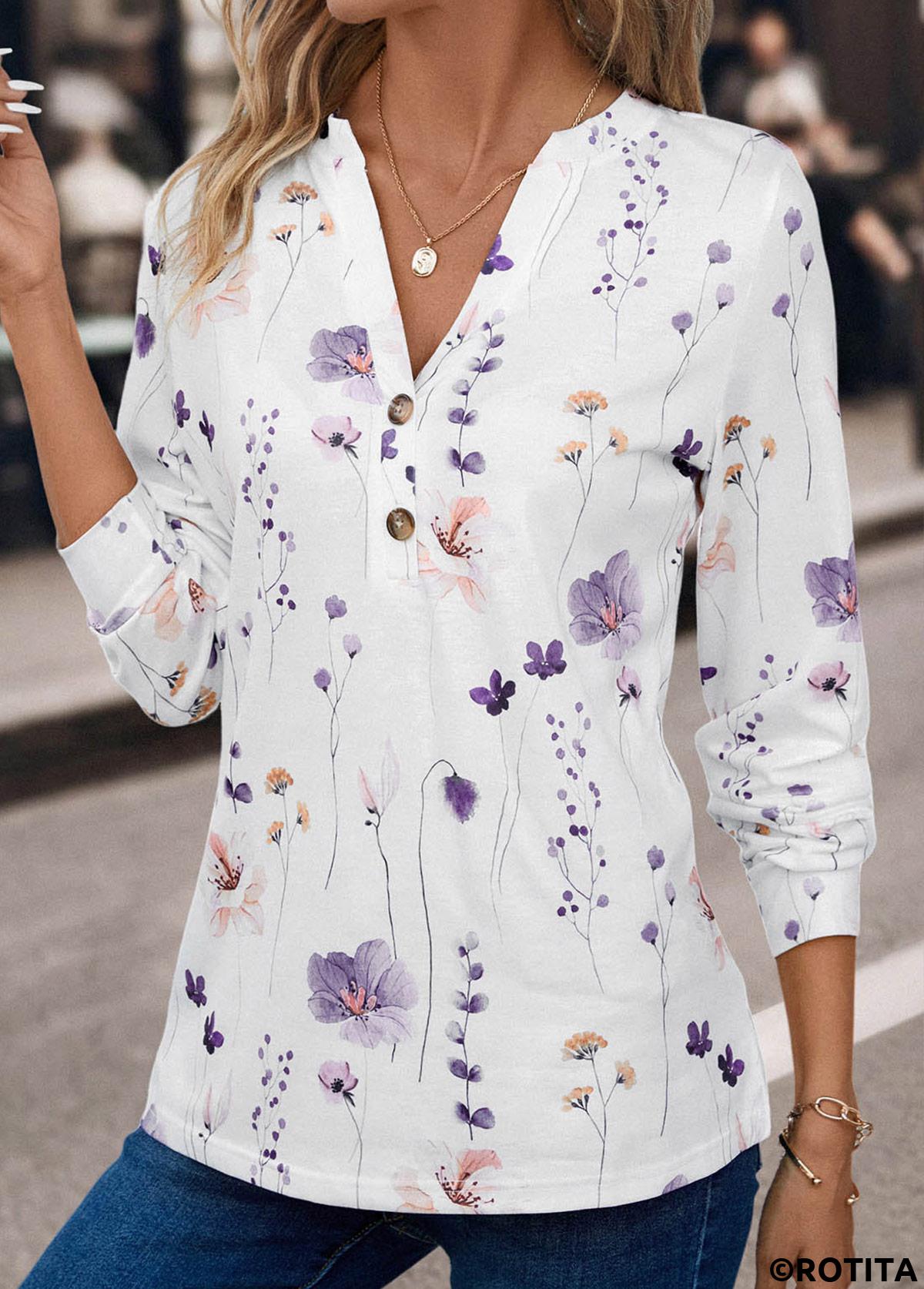 ROTITA Button Floral Print White Split Neck T Shirt