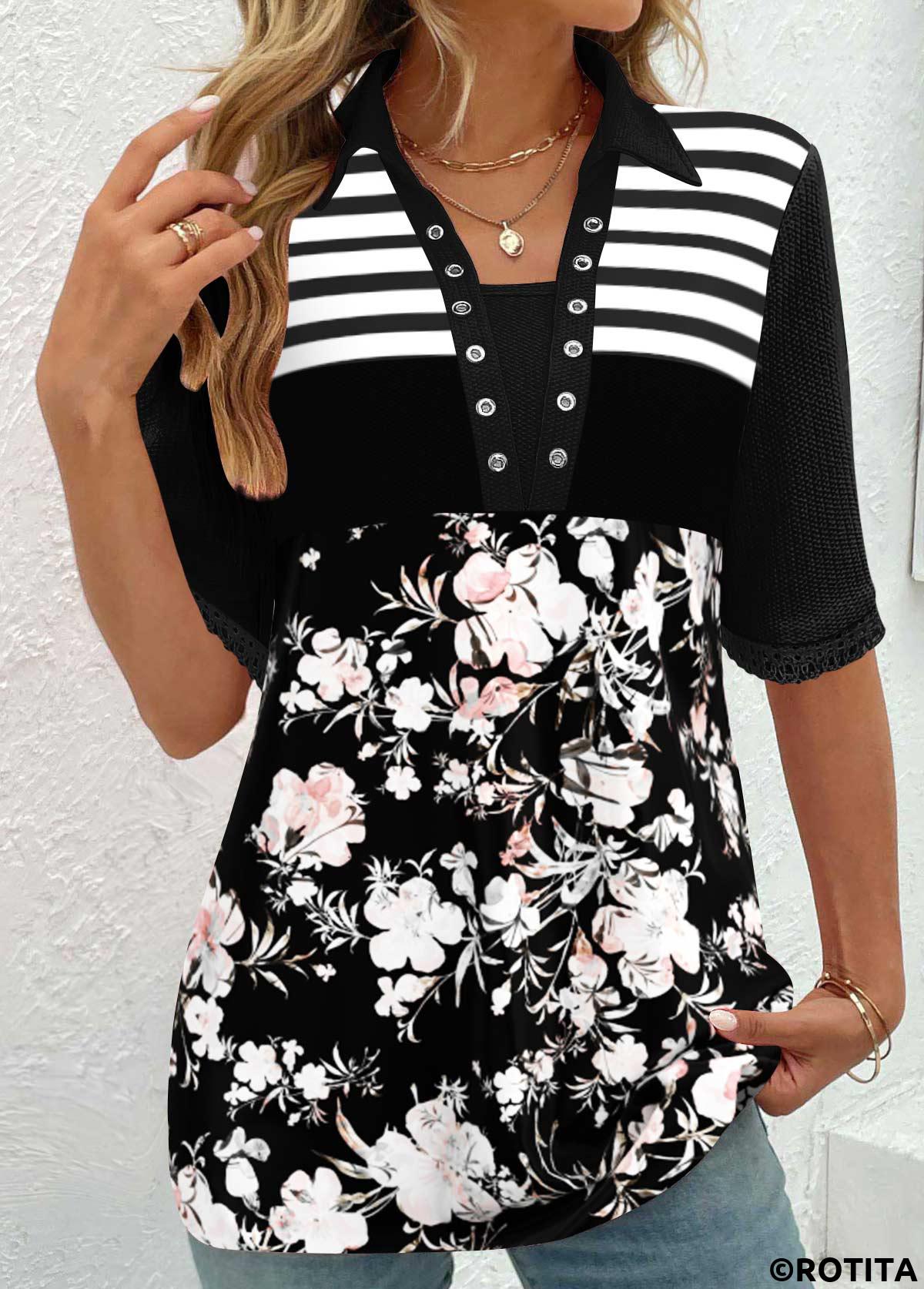 ROTITA Patchwork Floral Print Black Half Sleeve T Shirt