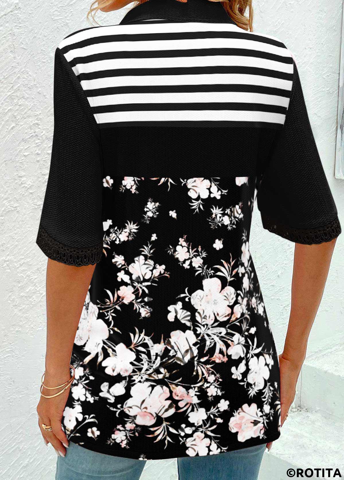 ROTITA Patchwork Floral Print Black Half Sleeve T Shirt
