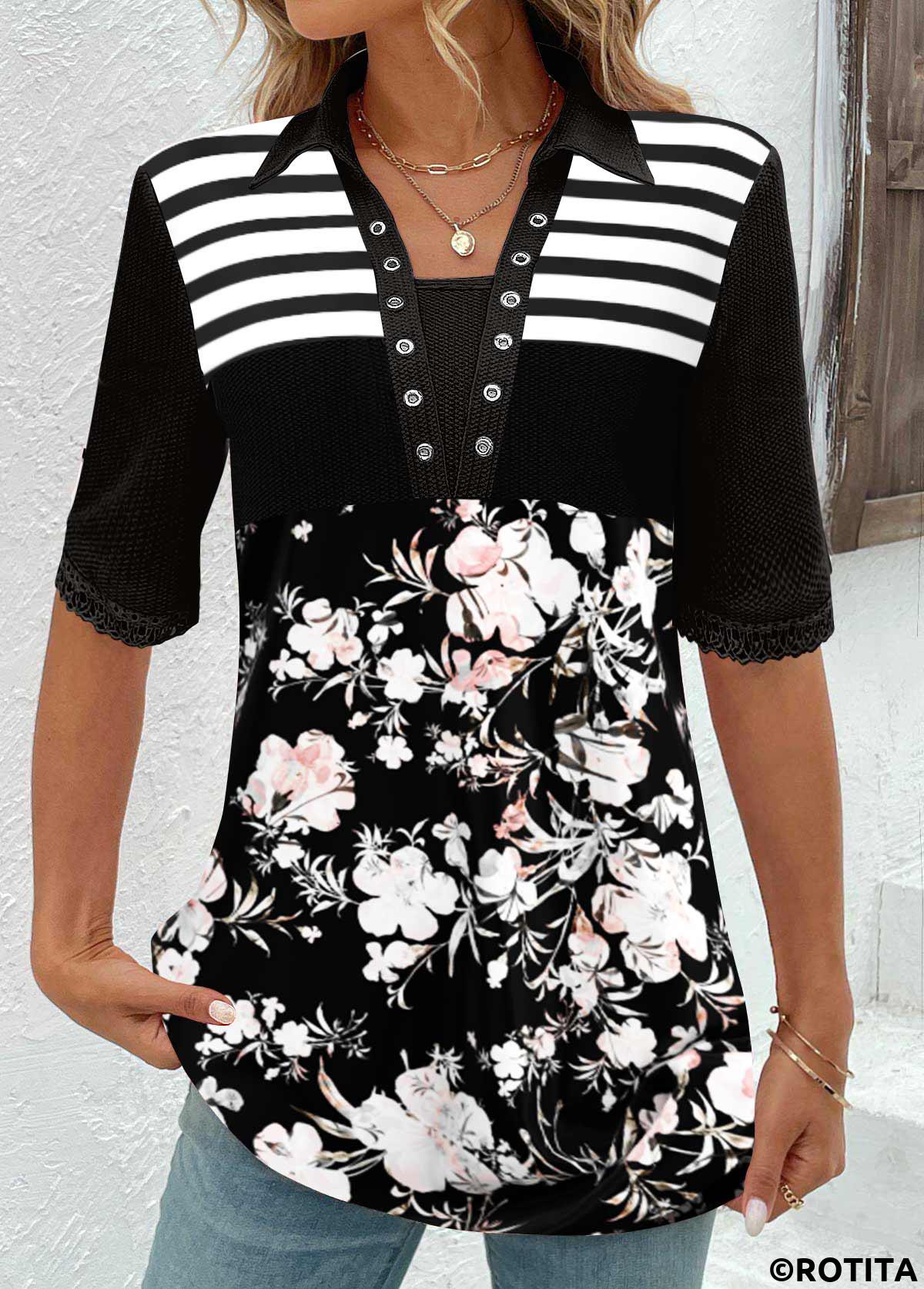 ROTITA Patchwork Floral Print Black Half Sleeve T Shirt