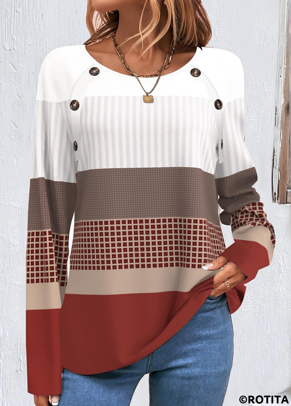 Wine Red plus size,White plus size,Geometric plus size,Plaid plus size,ROTITA Plus Size Patchwork Wine Red Geometric Print Sweatshirt
