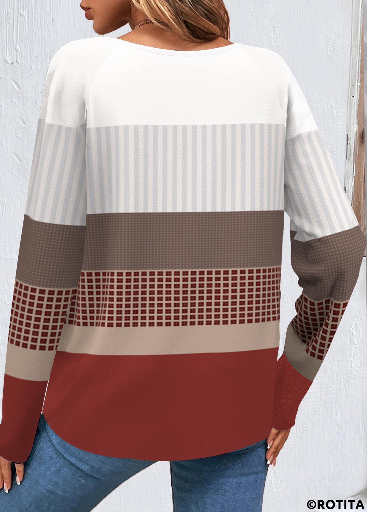Wine Red plus size,White plus size,Geometric plus size,Plaid plus size,ROTITA Plus Size Patchwork Wine Red Geometric Print Sweatshirt