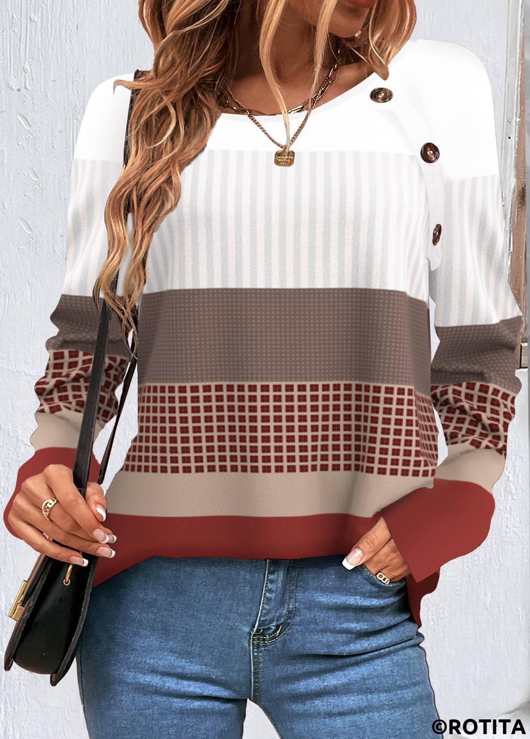 Wine Red plus size,White plus size,Geometric plus size,Plaid plus size,ROTITA Plus Size Patchwork Wine Red Geometric Print Sweatshirt