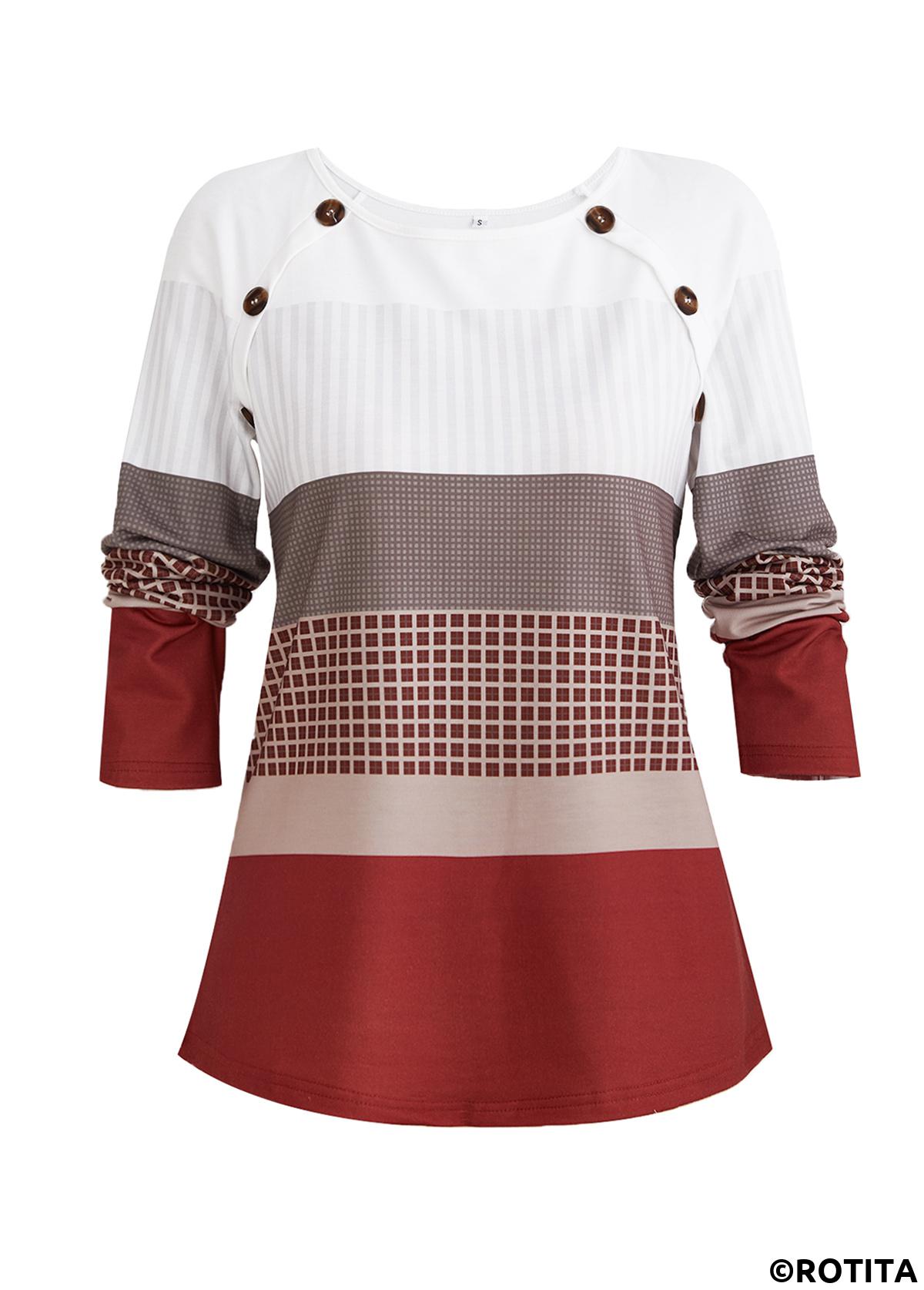 Wine Red plus size,White plus size,Geometric plus size,Plaid plus size,ROTITA Plus Size Patchwork Wine Red Geometric Print Sweatshirt