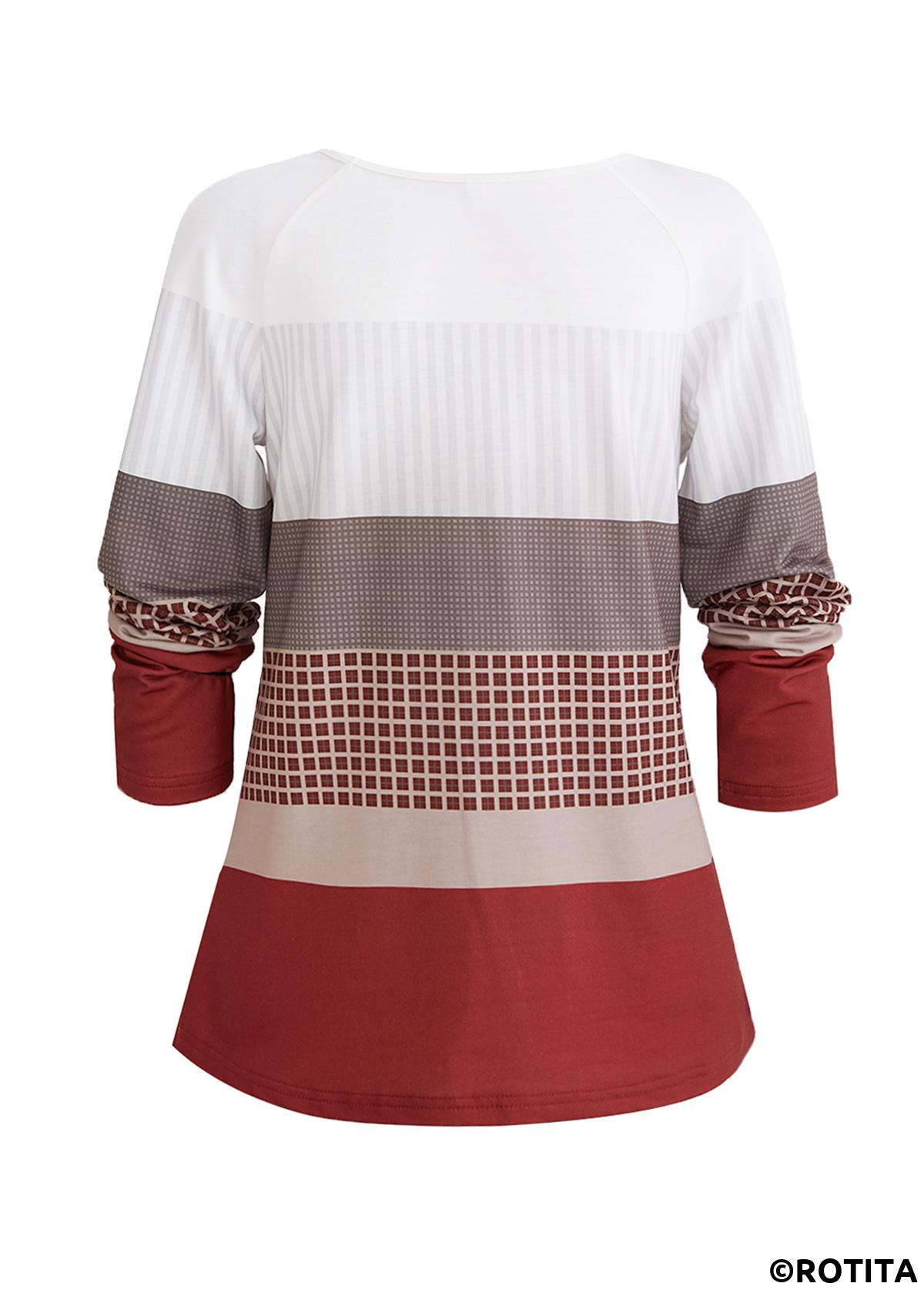 Wine Red plus size,White plus size,Geometric plus size,Plaid plus size,ROTITA Plus Size Patchwork Wine Red Geometric Print Sweatshirt