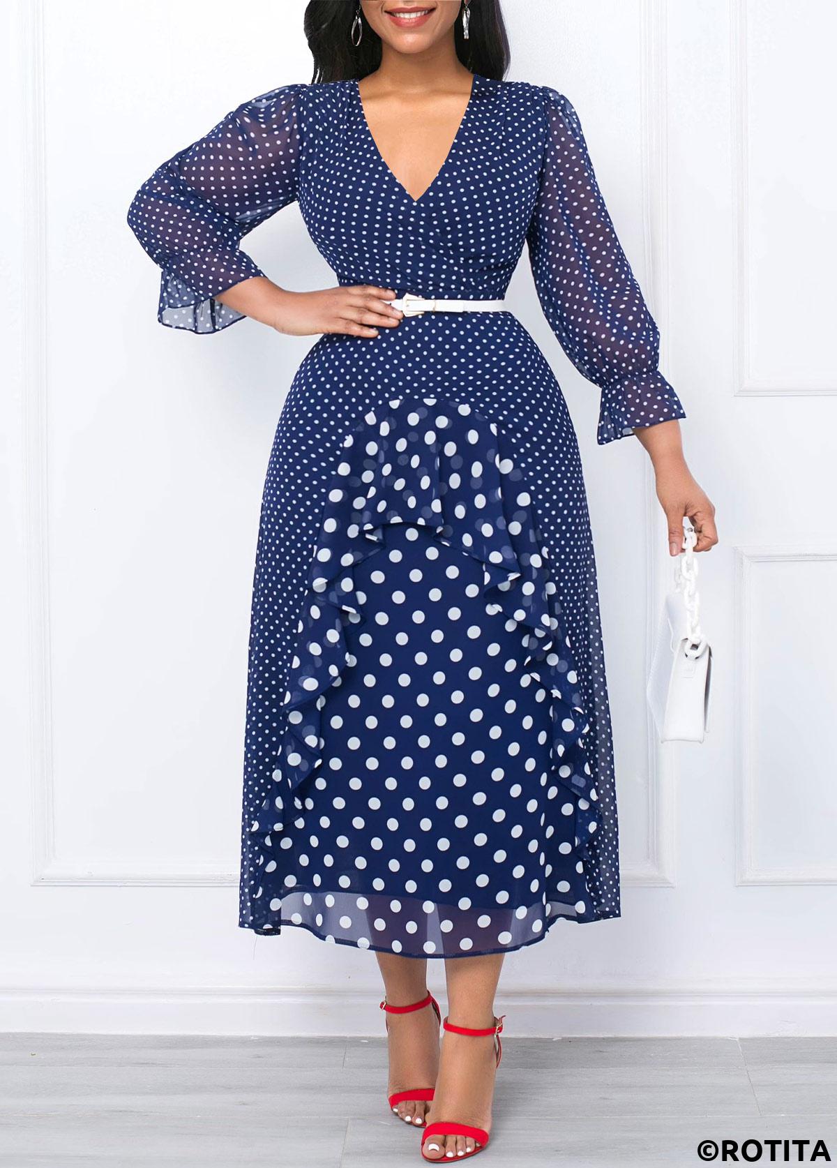 Dark Blue dresses,White dresses,Dot dresses,Party dresses,Elegant dresses,ROTITA Patchwork Polka Dot Dark Blue Cross Collar Dress