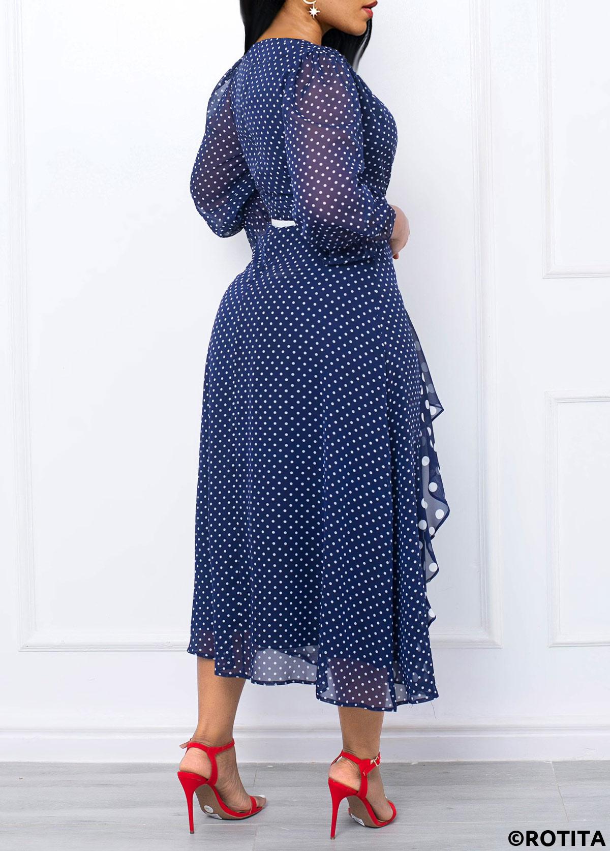 Dark Blue dresses,White dresses,Dot dresses,Party dresses,Elegant dresses,ROTITA Patchwork Polka Dot Dark Blue Cross Collar Dress