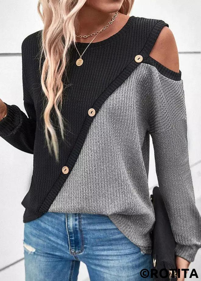 Black tops,Grey tops,Contrast Color tops,ROTITA Patchwork Black Round Neck Long Sleeve Sweatshirt