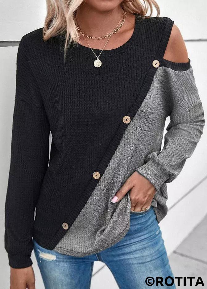 Black tops,Grey tops,Contrast Color tops,ROTITA Patchwork Black Round Neck Long Sleeve Sweatshirt