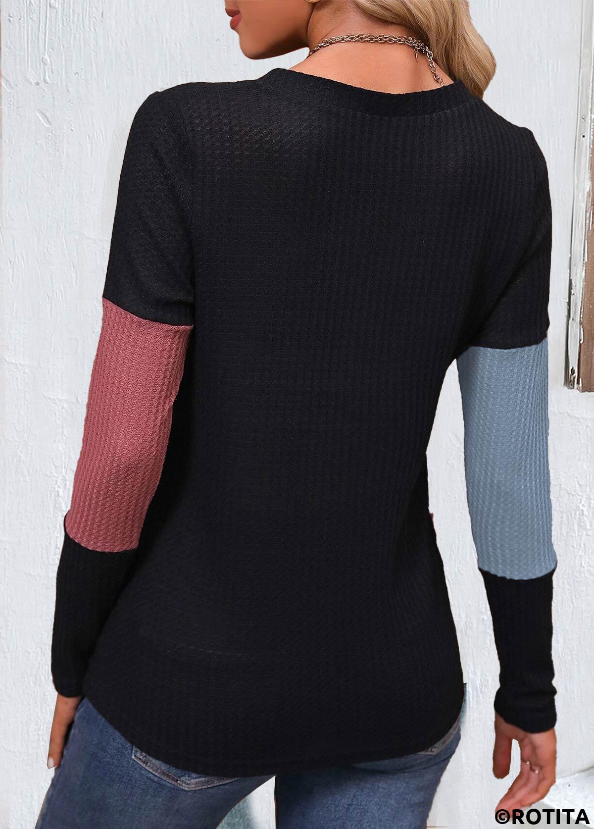 ROTITA Patchwork Black V Neck Long Sleeve T Shirt