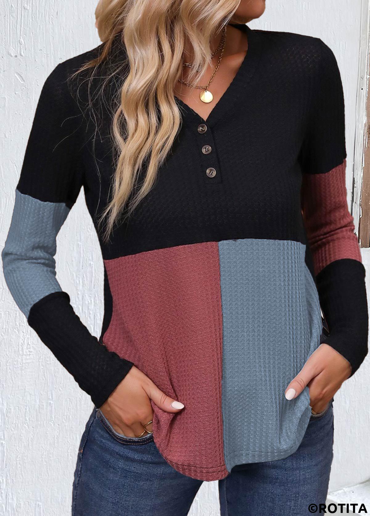 ROTITA Patchwork Black V Neck Long Sleeve T Shirt