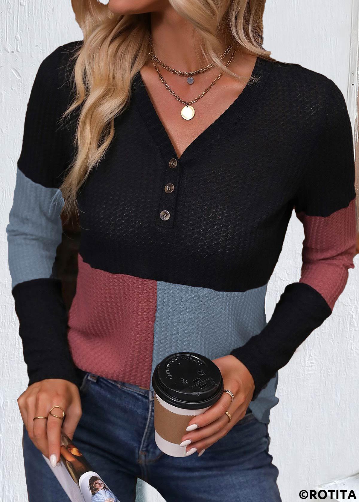 ROTITA Patchwork Black V Neck Long Sleeve T Shirt