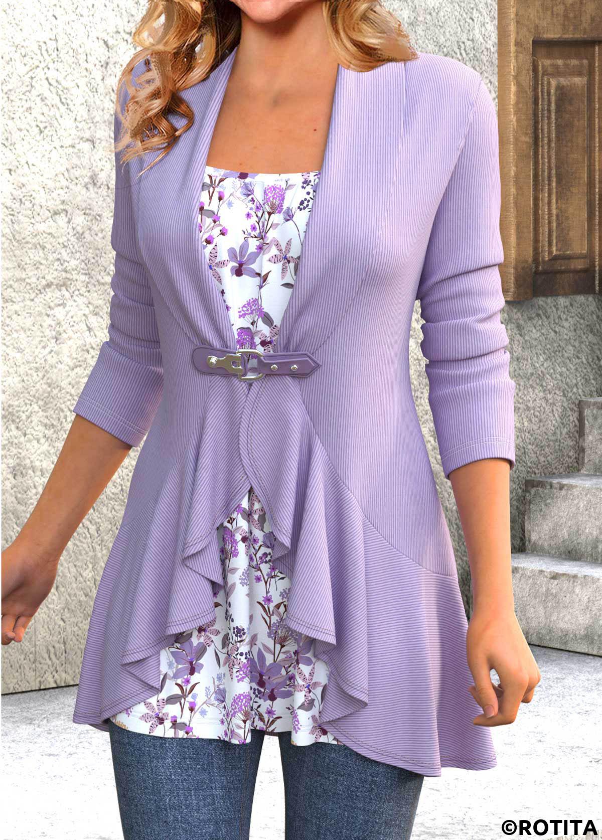 Light Purple tops,Floral tops,ROTITA Ruffle Floral Print Light Purple Fake Two Piece Twinset
