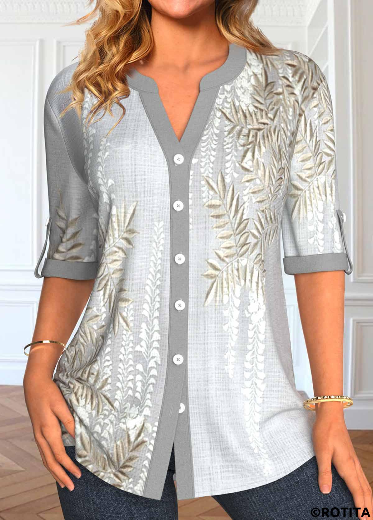 Light Grey tops,Plants tops,ROTITA Button Leaf Print Light Grey Split Neck Blouse