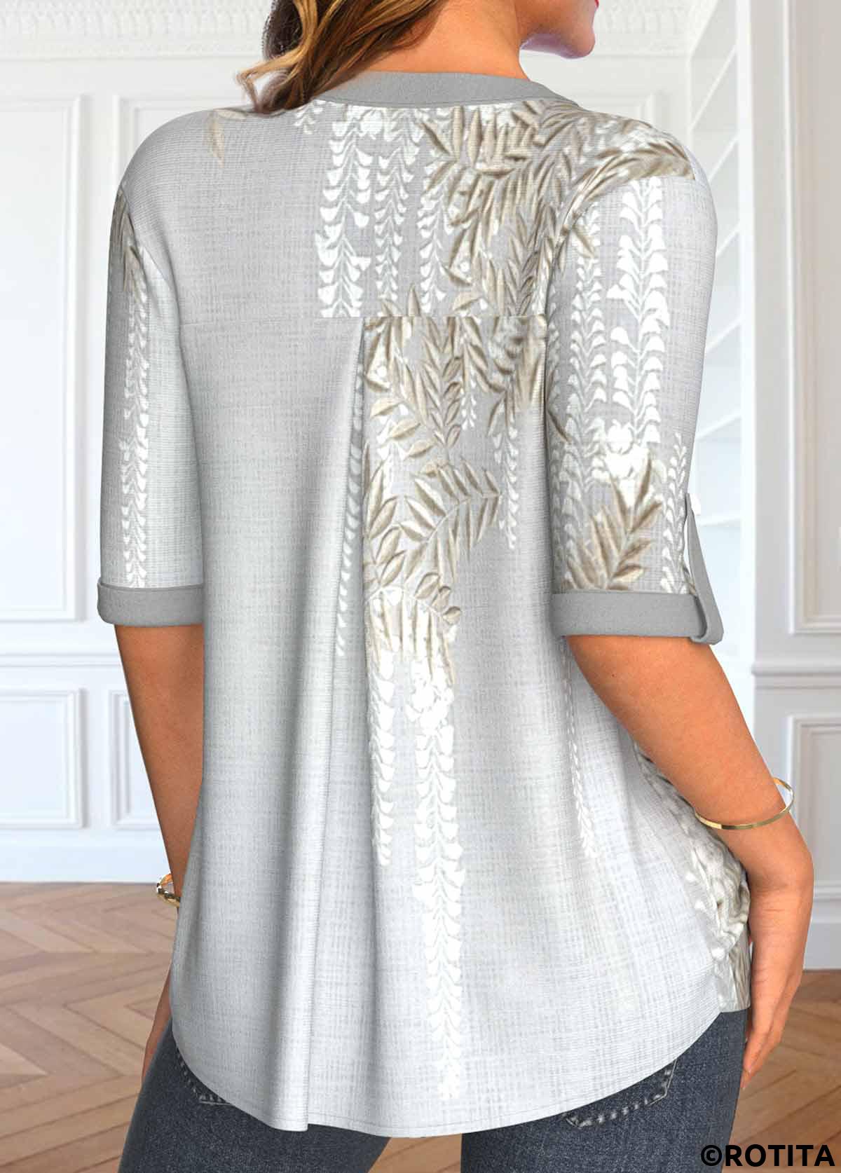 Light Grey tops,Plants tops,ROTITA Button Leaf Print Light Grey Split Neck Blouse