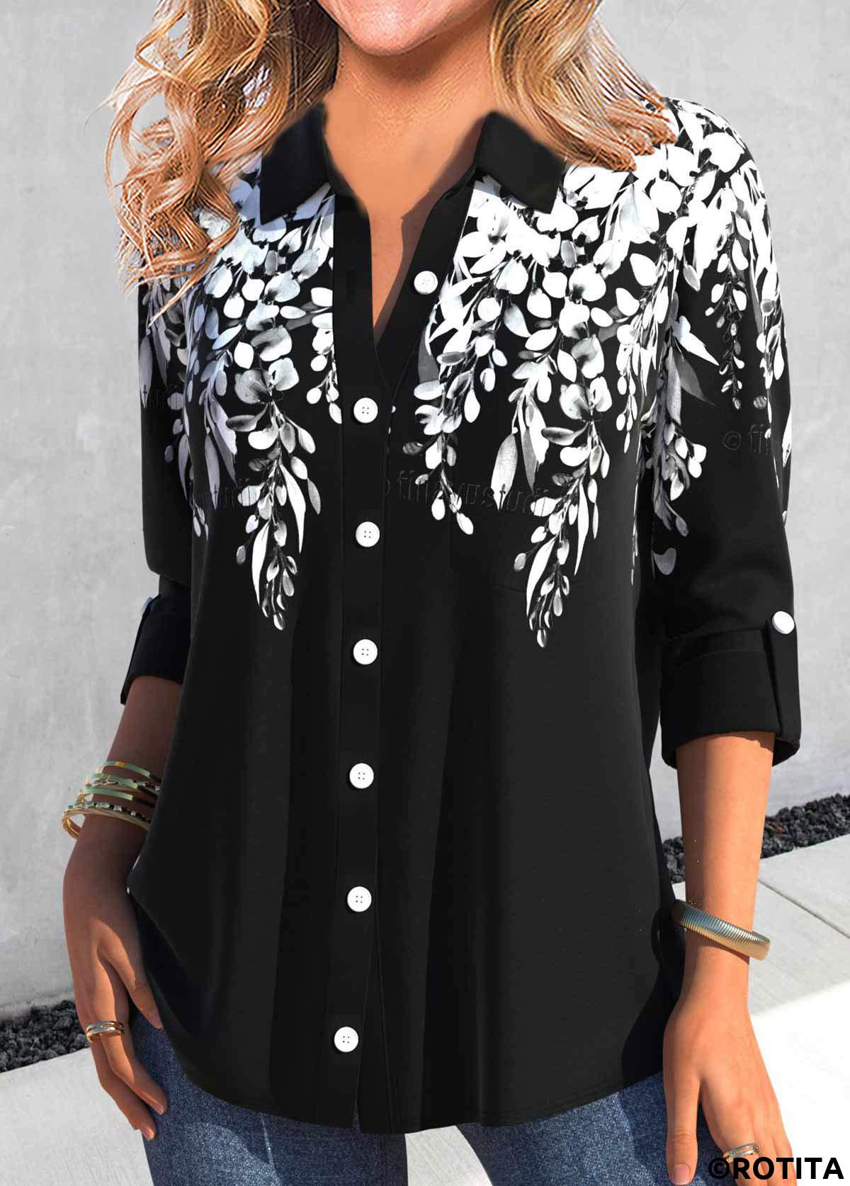 Black tops,White tops,Plants tops,ROTITA Button Leaf Print Black Shirt Collar Blouse