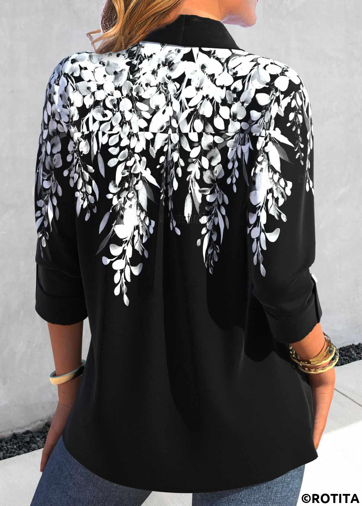 Black tops,White tops,Plants tops,ROTITA Button Leaf Print Black Shirt Collar Blouse