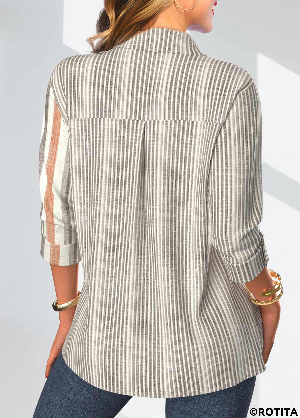 Grey tops,Striped tops,Geometric tops,ROTITA Button Striped Grey Shirt Collar Long Sleeve Blouse