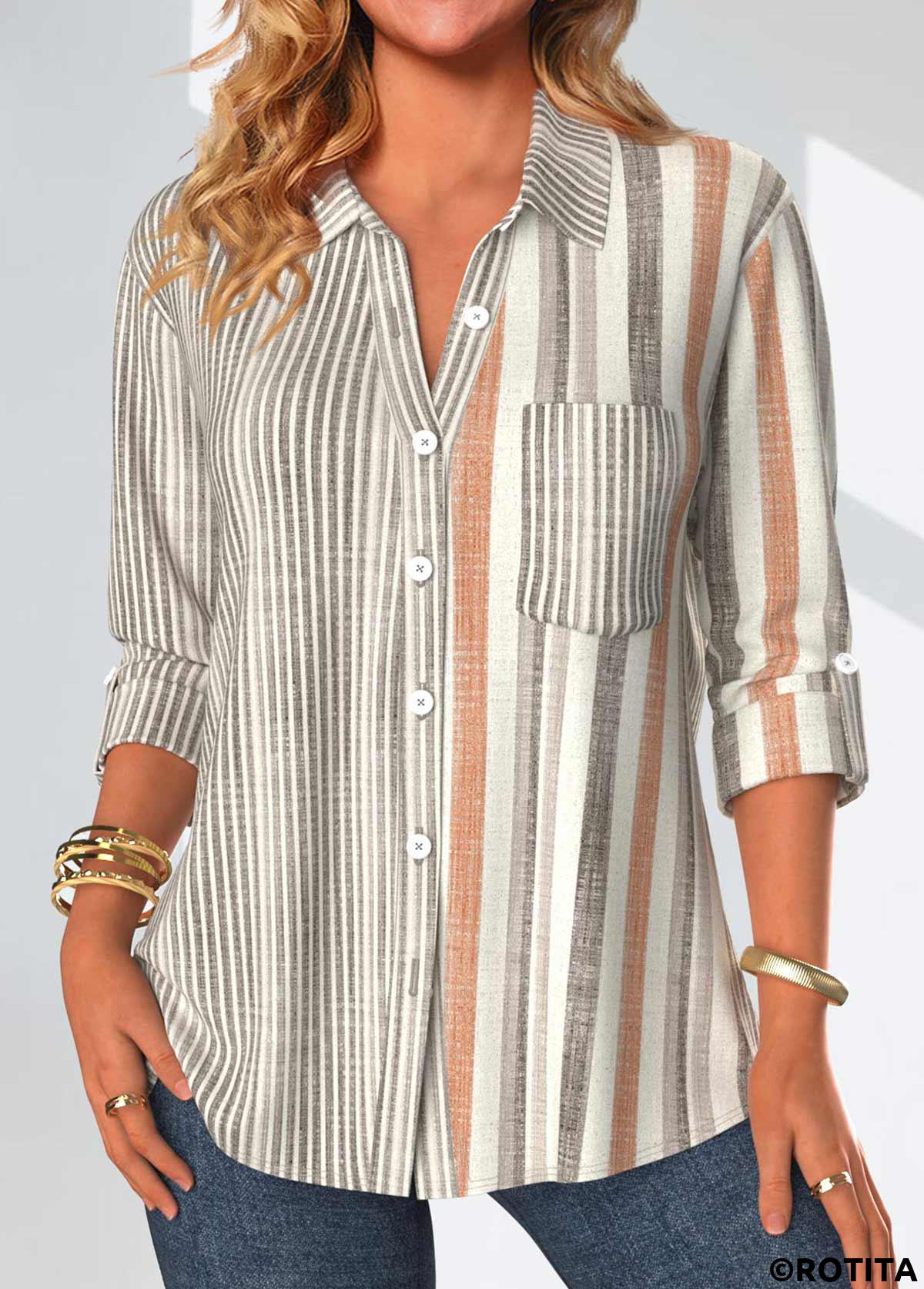 Grey tops,Striped tops,Geometric tops,ROTITA Button Striped Grey Shirt Collar Long Sleeve Blouse