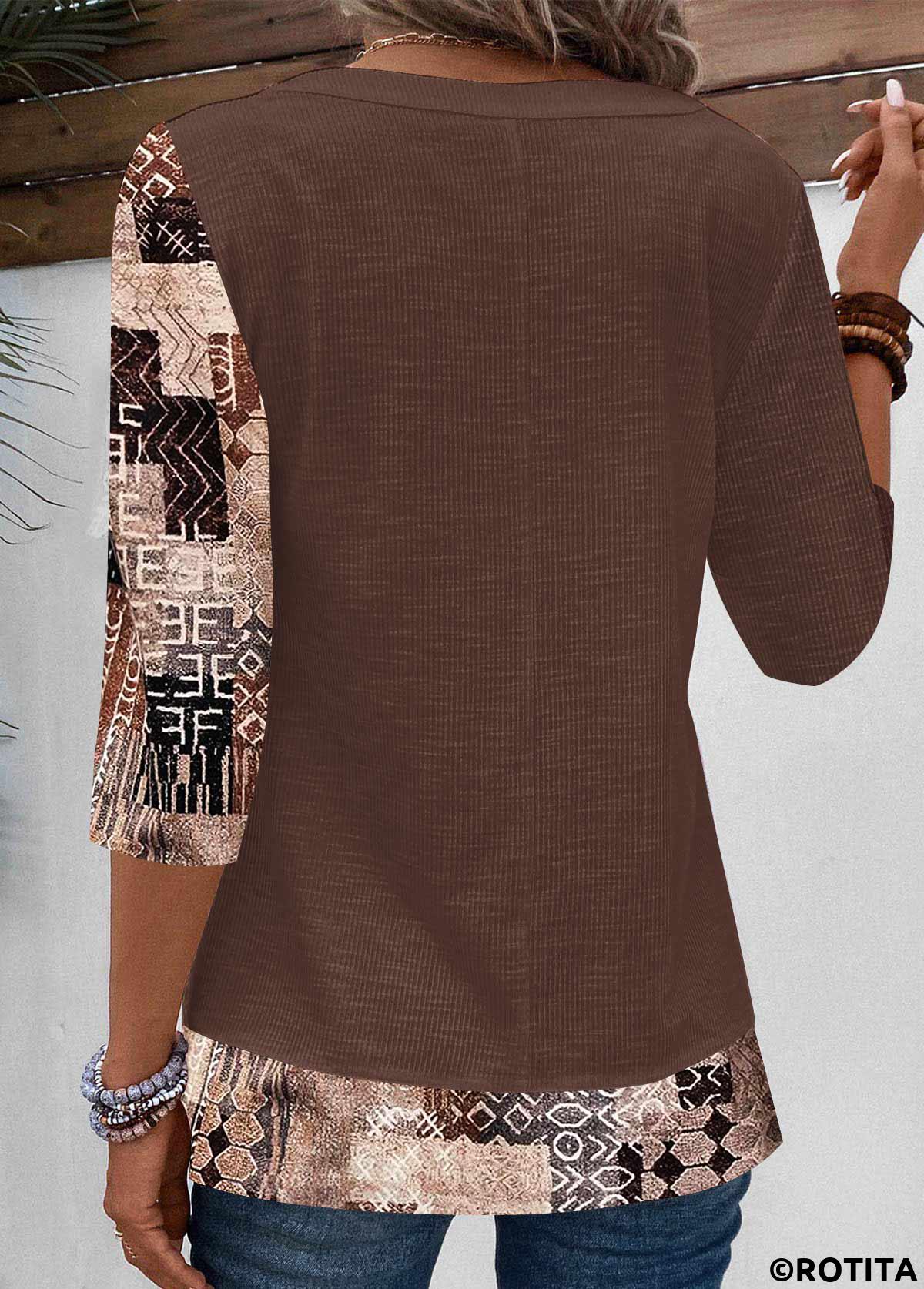 Light Coffee tops,Geometric tops,Striped tops,ROTITA Patchwork Geometric Print Light Coffee T Shirt